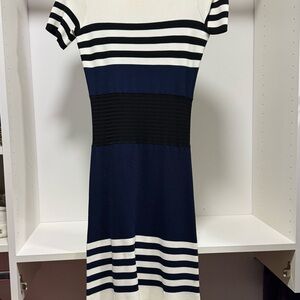 Yigal Azrouel Navy, White and Black Striped Midi Dress